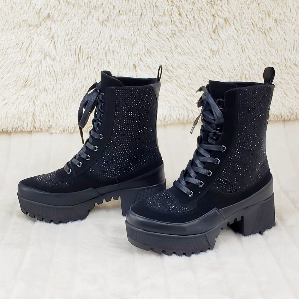Diva Shine Black Rhinestone Platform Combat Ankle Boots - Picture 8 of 12
